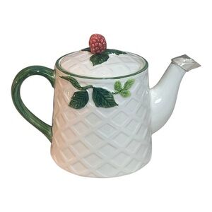 Otagiri Japan Berry Floral Elegant White Ceramic Green Handle Teapot